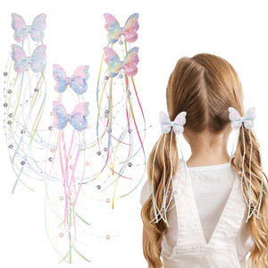 Pince à cheveux populaire faite à la main en tissu, avec pampilles papillon colorées super féériques, nœud perlé pour petite princesse, épingle à cheveux pour enfants - Product Image 1