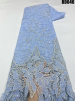 Tissu de dentelle florale brodée de sequins bleu poussière de luxe, double couche de tulle pour robe de bal ou de mariée