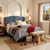 Lit plateforme capitonné bleu marine avec boutons, taille Queen, mobilier de chambre moderne en lin, OEM ODM, vente en gros