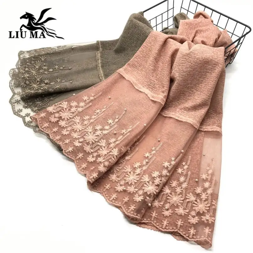 도매 고품질 이슬람 여성 스카프 Shawls 진주 자수 꽃 면화 Hijab 스카프-진주 empr 구매