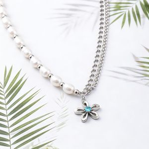yunnique <b>Sweet</b> Fresh Stainless Steel Spliced Chain Imitation Pearl <b>Flower</b> Pendant Necklace For Leisure Gift - Product Image 3
