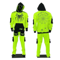 Ensemble sweat à capuche et pantalon grande taille personnalisé motif toile d'araignée, vert fluorescent, style urbain, 100% coton polaire élastique
