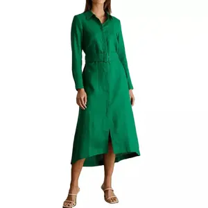 कारखाने परिधान निर्माता अनुकूलित महिलाओं की गर्मियों में ठोस सनी आकस्मिक अंचल लंबी आस्तीन बेल्ट महिलाओं की शर्ट ड्रेस