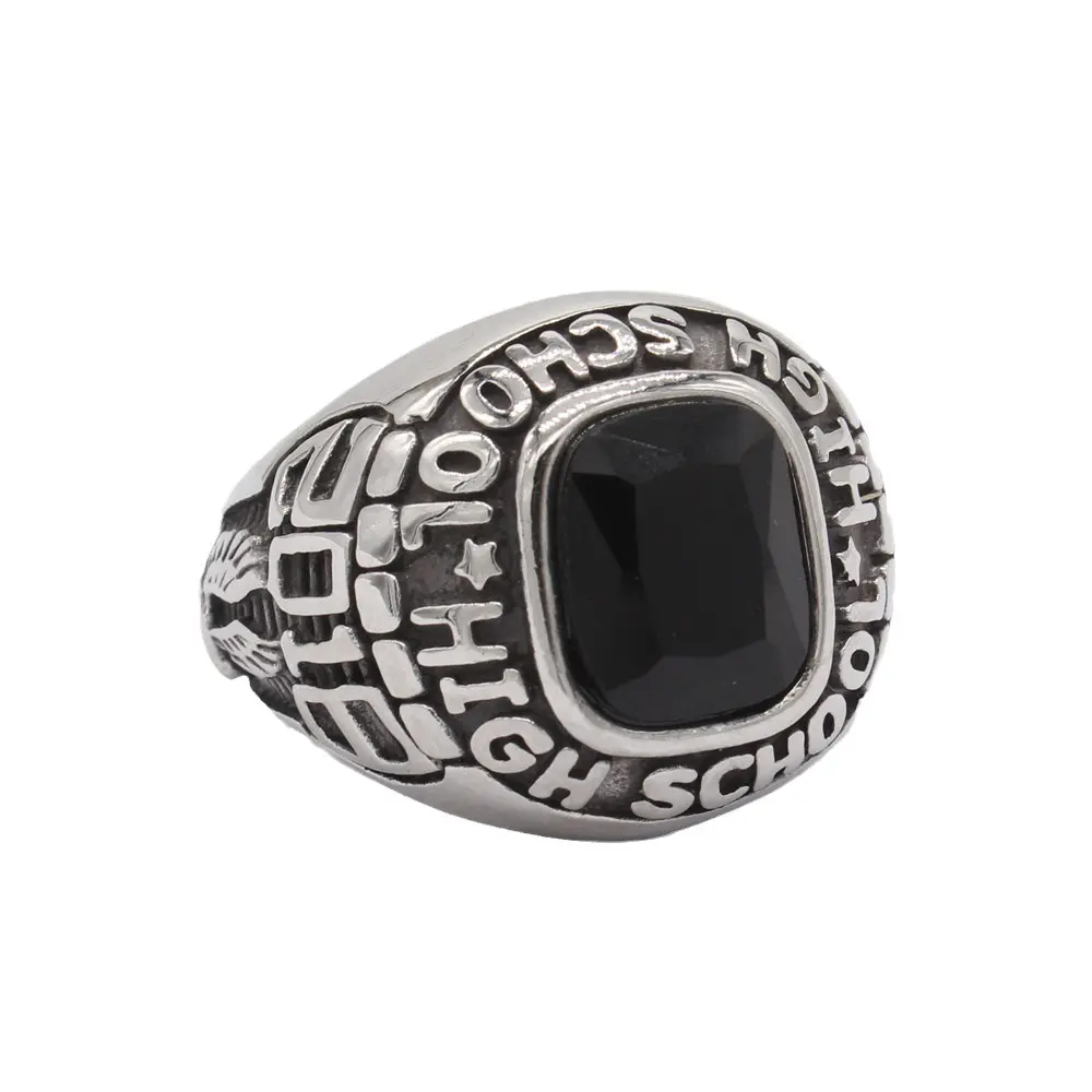 Gioielli all'ingrosso anello per studenti personalizzato in acciaio inossidabile anello militare anello in pietra di onice nero Set sfaccettato