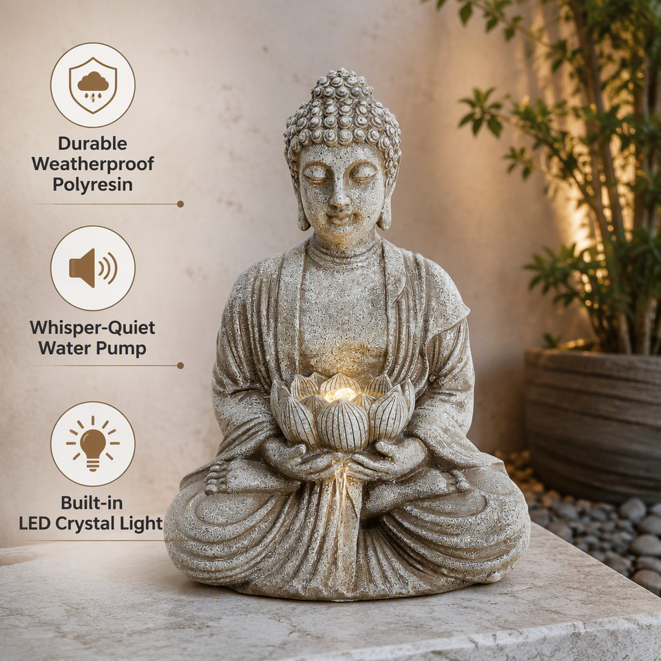 Sitting Buddha Water Fountain Statue Art Deco Garden Decor LED Light ...