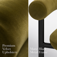 Fauteuil de salle à manger moderne en velours olive avec double coussin et dossier en U, structure en métal noir, pour hôtels, restaurants, cafés, vente en gros, usage commercial