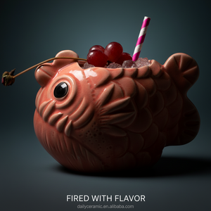 El Yapımı Seramik Balık Şeklinde Tiki Kupa Yenilikçi Pembe Kirpi Balığı Kokteyl Bardağı Bar Malzemeleri Parti Dekoru - Product Image 6