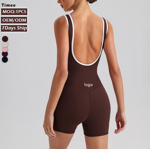 Nude Feeling Soft Quick-Dry Four-Way Stretch Contrast Trim Deep Open Back Short <strong>Yoga</strong> Jumpsuit for Gym Training <strong>Yoga</strong> <strong>Class</strong> - Product Image 1