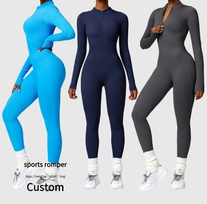 Wholesale Sports Jumpsuits Long Sleeve Zipper Elastic Yoga Ribbed Overalls Women Activewear Workout <strong>Clothes</strong> Dancing Jumpsuit - Product Image 1