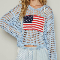 Fabricant personnalisé pour femmes 4 juillet à manches longues drapeau américain à capuche mince tricot Smock Top Independence Day Sweater Pullover