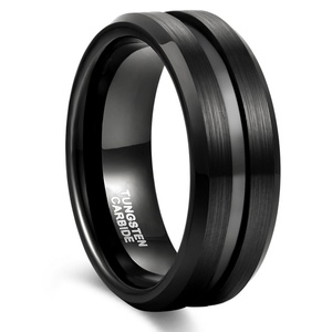 Waterproof Fashion PVD Plating <b>Black</b> Tungsten Carbide Wedding Bands 8mm Central Groove Men's Trendy CE Certified Gift - Product Image 2