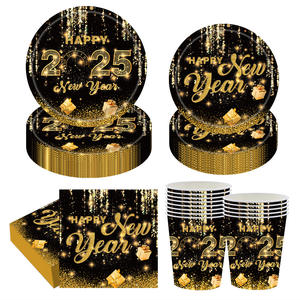 Nouvel ensemble de vaisselle de fête de bonne année en or noir assiette en papier <span class=keywords><strong>jetable</strong></span> tasse en papier ensemble de serviettes en papier - Product Image 2