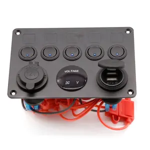 5 Gang LED Rocker Switch Panel Voltmeter Soket Biru Sakelar Rocker Mobil Perahu Marine USB Switch dengan Kotak Sekering Inline