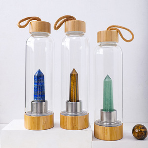 Botol Air dengan Tutup Bambu, Batu Permata Amethyst Lapis Lazuli, Kristal Kuarsa, dan Batu Penyembuh Alami untuk Hadiah (Grosir) - Product Image 1