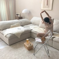 Ensemble de Canapé Modulaire d'Angle en Tissu Lin Plume Crème Beige Blanc pour Salon Maison Moderne