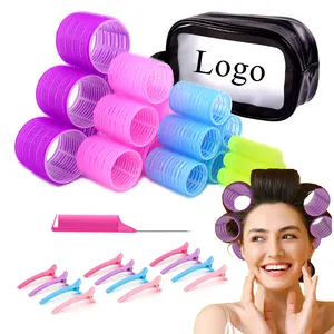 Bán buôn tùy chỉnh Nylon nhựa tóc con lăn thiết lập không có nhiệt tự Grip tóc con lăn với lược và Duckbill Clip