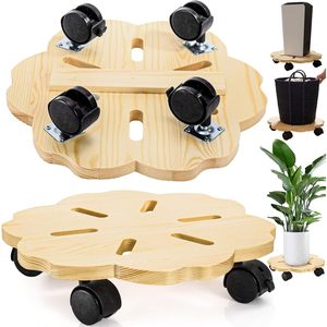 Base de madera para macetas con ruedas, bandeja redonda móvil para plantas en maceta, color madera natural ligero - Product Image 1