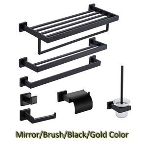 Ensemble d'accessoires de salle de bain en acier inoxydable SUS304 noir mat carré, 6 pièces, à fixation murale : porte-serviettes, porte-papier toilette, anneau porte-serviettes, crochet - Product Image 5