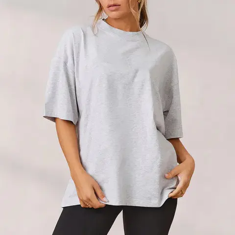 Soft Stretch Cotton T Shirts Ribbed Neck Tee Custom Embroidered Logo Dropped-Shoulder Oversize T-Shirts Women