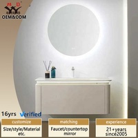 Meuble-lavabo flottant en PVC style crème avec éclairage et vasque intégrée thermoformée sans joint pour hôtel, vente en gros