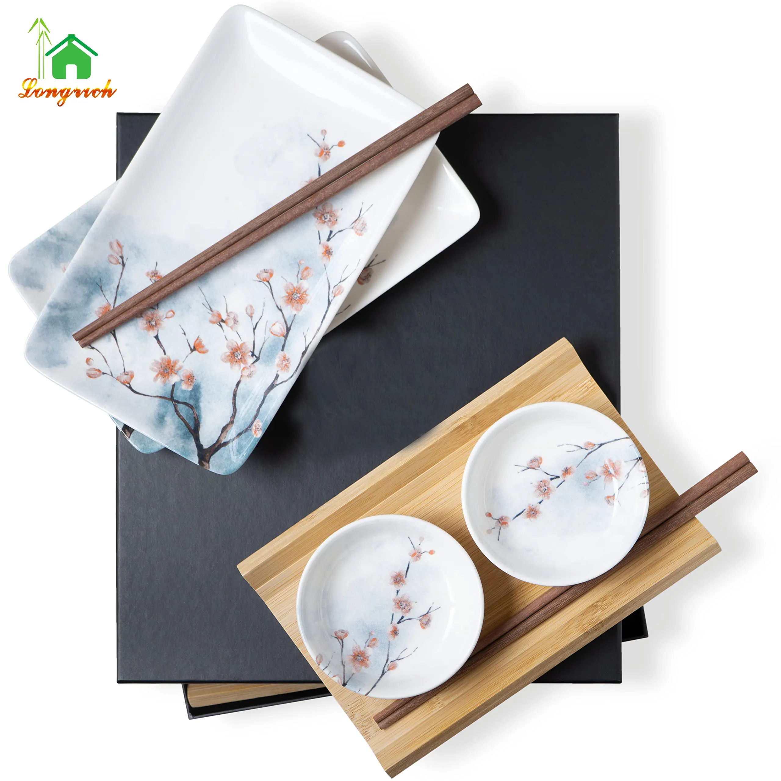 Bán buôn woood tầng trays-Gỗ Tier trang trí nội thất cho Sushi Bộ đồ ăn Set cho 2 người phục vụ Set với 2X Sushi tấm