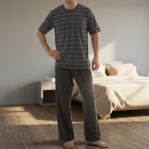 Jersey 100% coton teint en fil tricoté pour hommes, ensemble pyjama long, confortable et respirant, décontracté, vêtements de nuit - Product Image 2