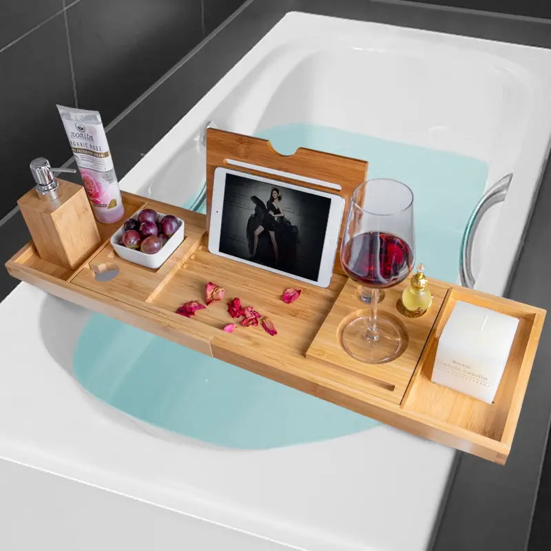 Custom Band Bamboo Bathtub Caddy Tray With Adjustable Extendable Sides And Soap Dish Holder