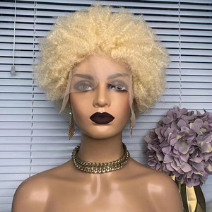 In vendita 613 # Blonde Bomb <span class=keywords><strong>Afro</strong></span> crespo riccio 13x4 pizzo frontale Perruque capelli umani <span class=keywords><strong>parrucca</strong></span> corta taglio Pixie per donne nere - Product Image 1