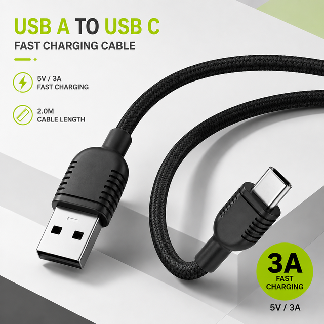 USB a to USB C Fast Charging Cable 2M 5V 3A Tinned Copper Nylon Braided Data Charging Cable for Mobile Devices