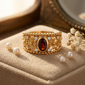 <b>Garnet</b> 925 Sterling <b>Silver</b> <b>Ring</b> - Oval Bezel Stone with Floral Filigree - Product Image 3