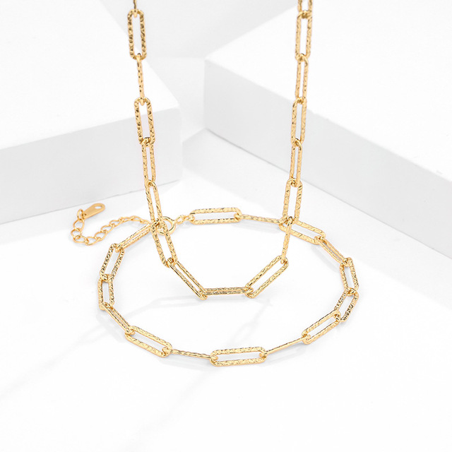 Fashion Fine Jewelry Chunky Chain Necklace Women 925 Silver 18K Gold Plated Paperclip Link Chain Necklace Bracelet Set