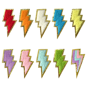 Parches de chenilla con diseño de rayo, multicolor, bordados tipo toalla, termoadhesivos, con borde de purpurina dorada, para ropa universitaria, al por mayor - Product Image 1