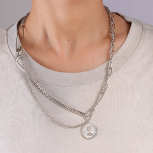 Collier superposé tendance pour femme, chaîne de clavicule multicouche, pendentif cœur en argent tibétain, design géométrique, style branché - Product Image 3