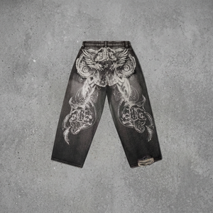 Jean en denim large pour homme, délavage foncé, imprimé graphique au dos, déchiré, effet usé, coupe ample, style streetwear - Product Image 1