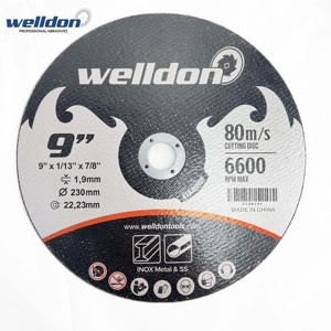 Factory 9 pulgadas 230x1,9x22,23mm T41 <span class=keywords><strong>disco</strong></span> de corte de Metal ultrafino 1,9mm alta dureza OEM 80 m/s velocidad para herramientas abrasivas - Product Image 1
