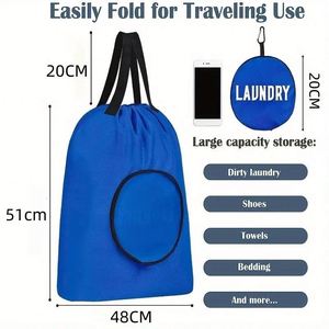 Foldable <b>Waterproof</b> Oxford Cloth Laundry <b>Bag</b> <b>Drawstring</b> Closure Handheld Travel Storage Pouch Featuring LAUNDRY - Product Image 2