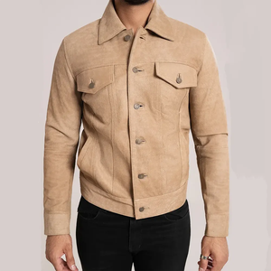 Chaqueta de Cuero Genuino Beige para Hombre, Estilo Camionero, Impermeable, Transpirable, Cortavientos, Informal, para Invierno - Product Image 4