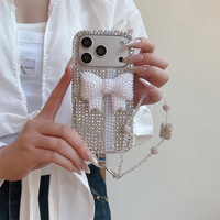 Coque de protection de luxe irisée effet aurore 3D avec nœud perlé et strass pour iPhone 18 17 Pro Max 16 15 14 avec dragonne perlée
