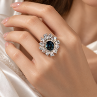 Bague en argent sterling 925 ajustable avec topaze bleue de Londres, pierre centrale ovale et grappe florale, bijoux fins personnalisés pour femme