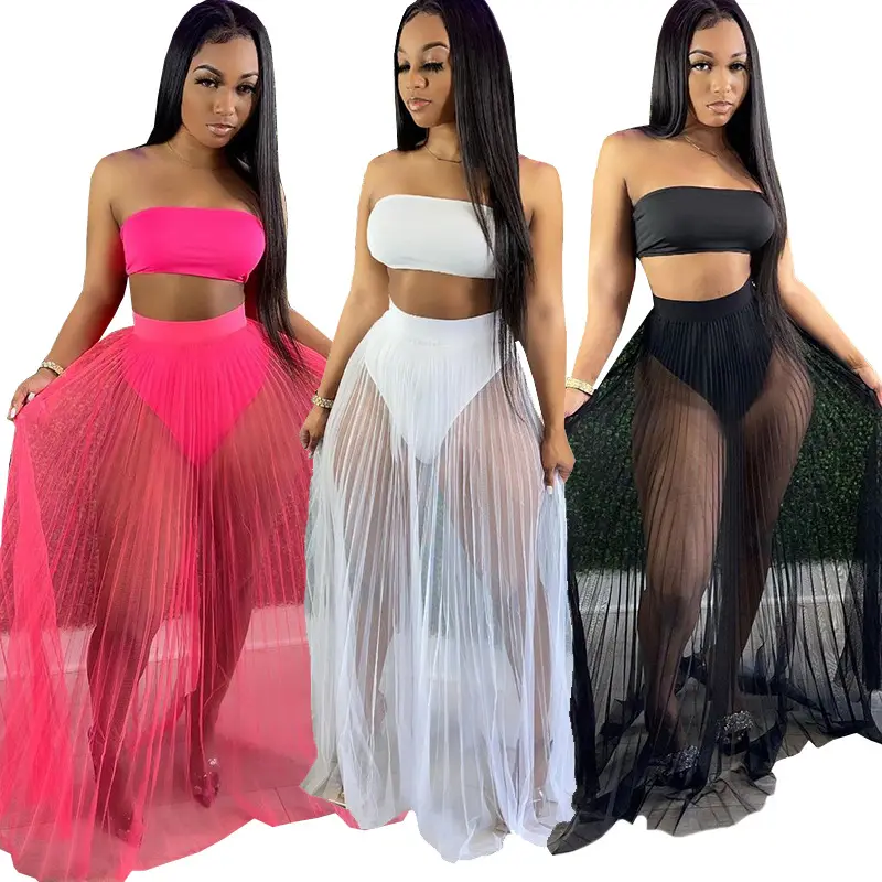 2021 Fashion women's hot push three piece nightclub swimsuit with wrapped breasts and mesh skirt women mesh dress