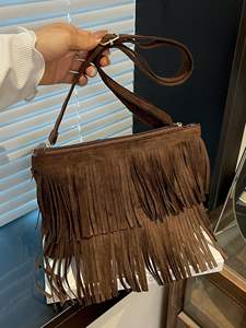 Sac bandoulière bohème à franges, style rétro, en daim, pour femme, avec pompons – Nouvelle collection très tendance - Product Image 4