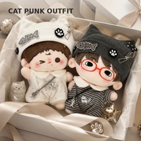 Vêtements pour poupées en peluche personnalisés OEM 10cm 20cm, ensemble tenue chat punk avec chapeau mignon et barboteuse rayée, vente en gros