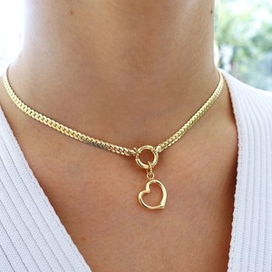 Collier chaîne en os de poisson avec pendentif cœur en acier inoxydable plaqué or, nouveau design - Product Image 4