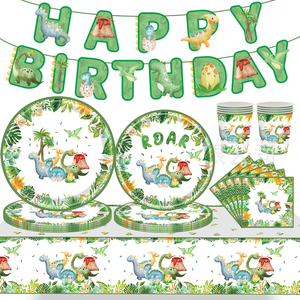 Vaisselle jetable en papier pour fête d'<span class=keywords><strong>anniversaire</strong></span> sur le thème des dinosaures de dessin animé en gros, ensemble de vaisselle pour fête de filles, cadeaux de fête personnalisés - Product Image 1