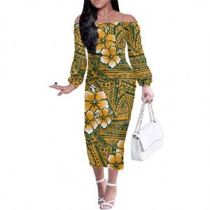2024 femmes Sexy Plumeria imprimer une épaule robe à manches longues Maxi robe pour <span class=keywords><strong>polynésien</strong></span> Tribal <span class=keywords><strong>tatouage</strong></span> femmes - Product Image 4