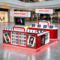 Kiosque de réparation de téléphones portables en bois, style minimaliste moderne, pour centre commercial, avec table de présentation en verre