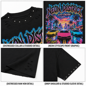 Camiseta Oversize de Algodón Grueso OEM con Estampado Gráfico Neon City, Camiseta Streetwear con Pedrería, Logotipo Personalizado, Camiseta de Hombre de Alta Calidad - Product Image 3