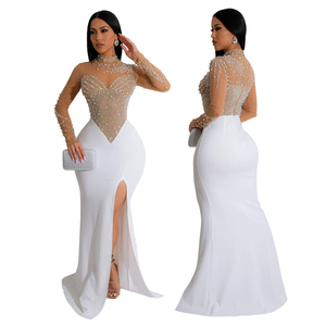 Nuevo estilo europeo: Vestido transparente con cuentas, cuello redondo, manga larga y abertura alta - Vestido de noche para fiesta - Product Image 4