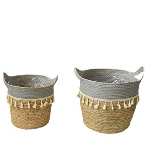 <b>Woven</b> <b>Baskets</b> Round Beige And Gray Handmade Storage <b>Basket</b> For Plant Home Decoration - Product Image 3