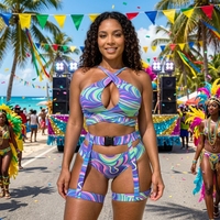Tenue de carnaval personnalisée pour le lundi, tenue de Jouvert, monokini sexy imprimé à bretelles croisées avec ceinture et attaches pour les jambes, maillot de bain pour le carnaval de Miami